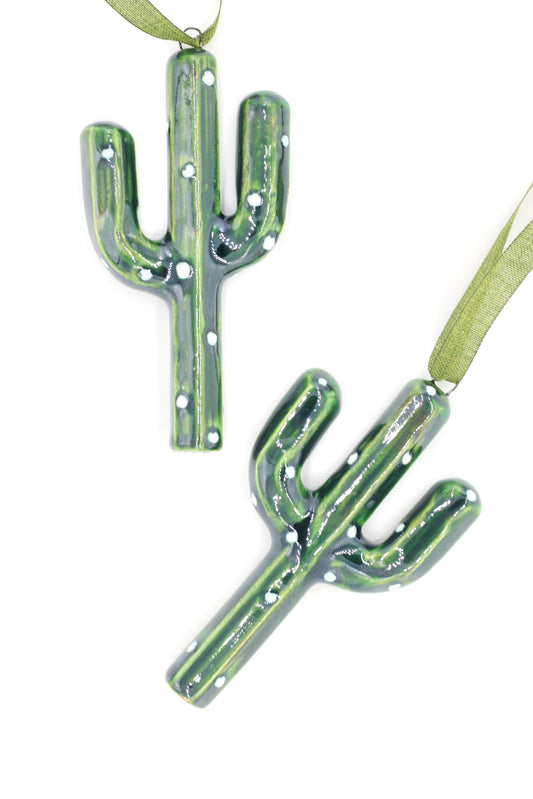 2024 Handmade Ceramic Stoneware Green Lustre Cactus Ornament - Glossy Finish with Ribbon