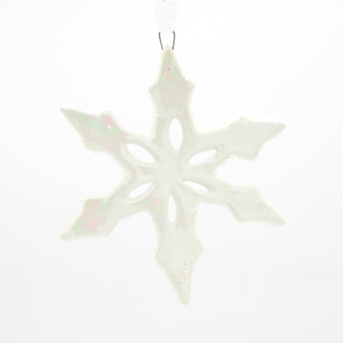 Large Stoneware Snowflake Ornaments with Mother of Pearl and Glitter