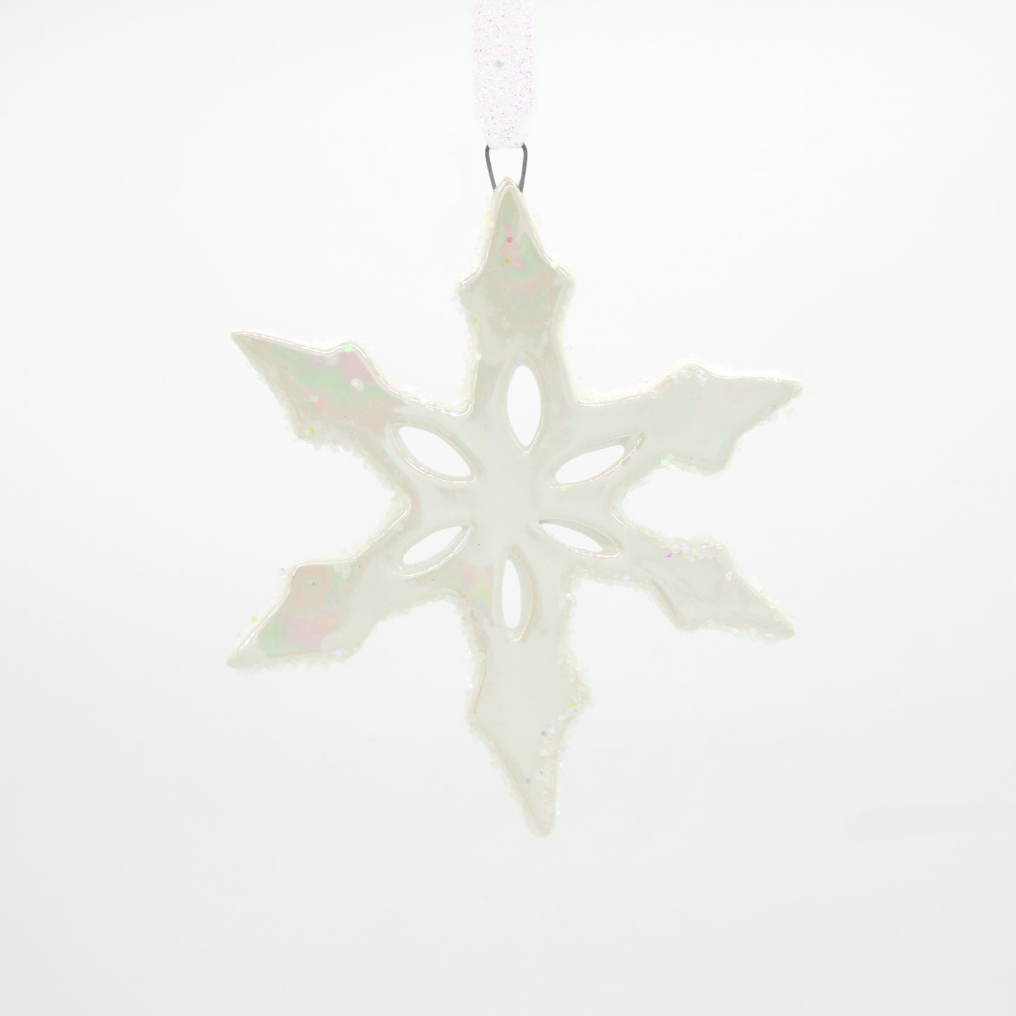 Large Stoneware Snowflake Ornaments with Mother of Pearl and Glitter
