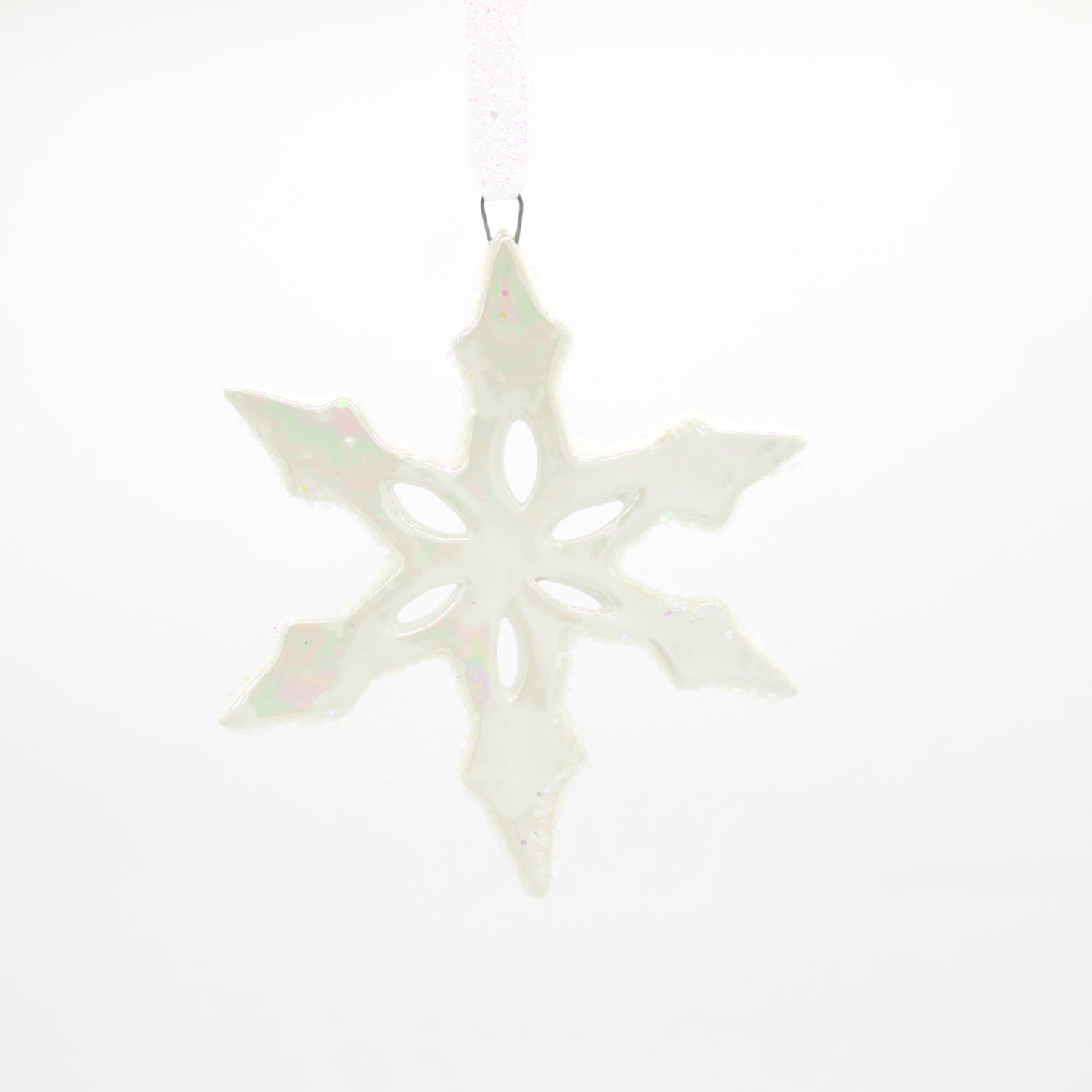 Large Stoneware Snowflake Ornaments with Mother of Pearl and Glitter