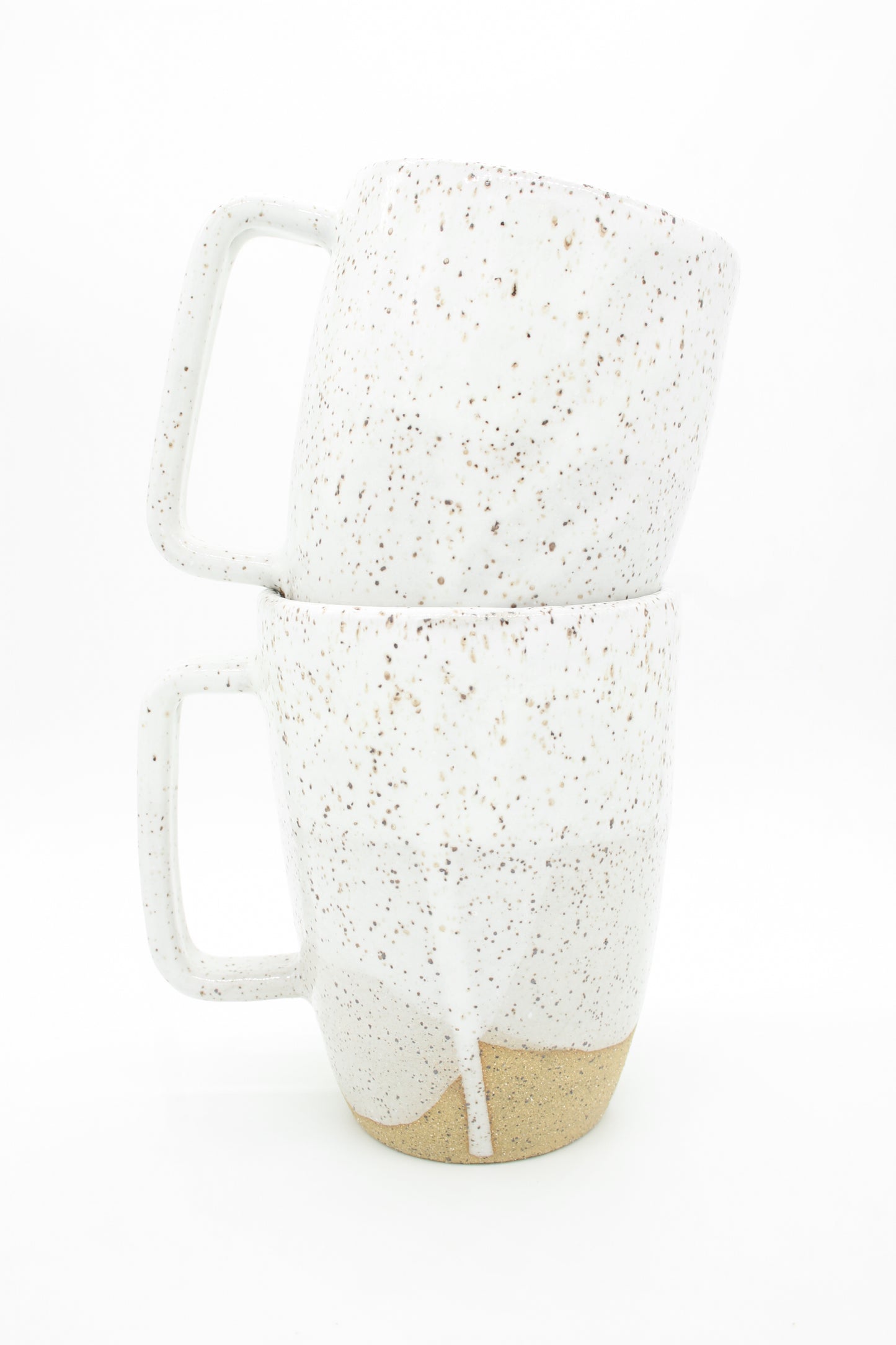Large Speckled Buff + Glossy White Ceramic Mugs with Modern Handle