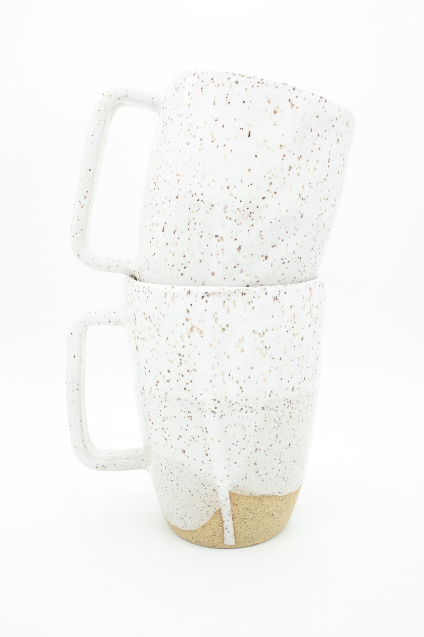 Large Speckled Buff + Glossy White Ceramic Mugs with Modern Handle