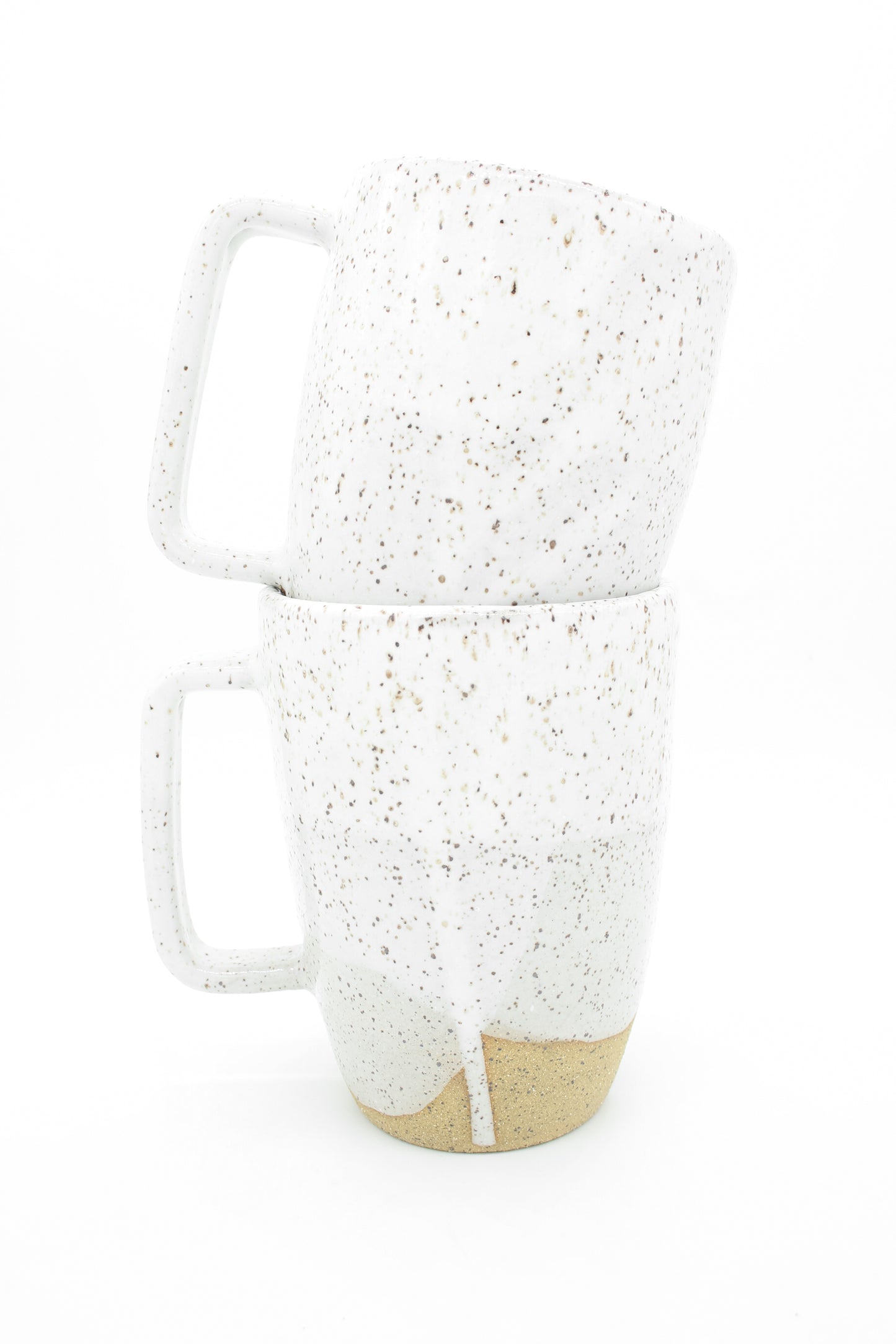 Large Speckled Buff + Glossy White Ceramic Mugs with Modern Handle