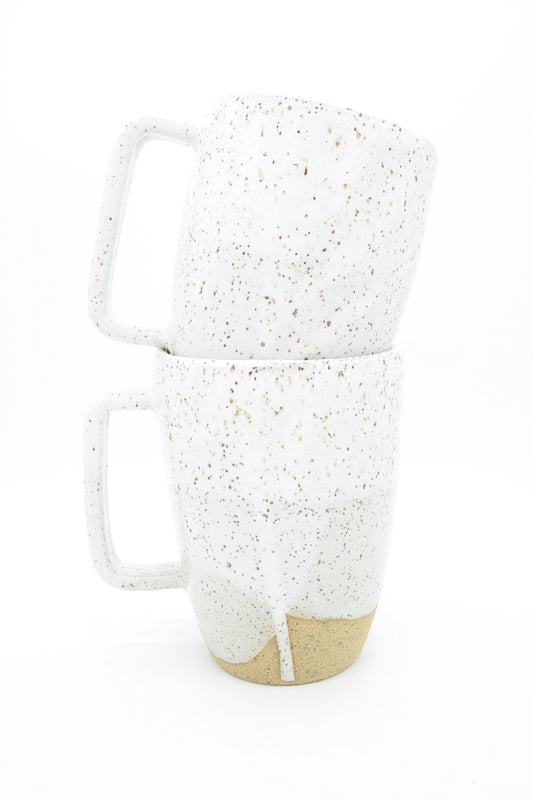 Large Speckled Buff + Glossy White Ceramic Mugs with Modern Handle