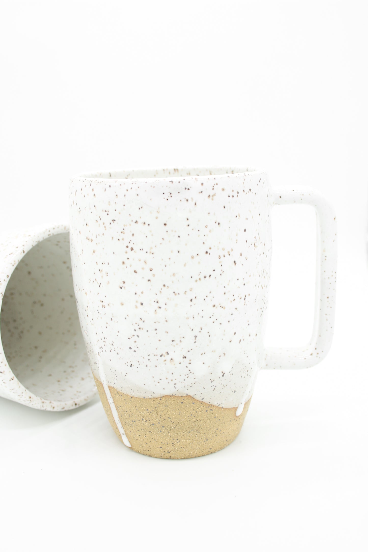 Large Speckled Buff + Glossy White Ceramic Mugs with Modern Handle