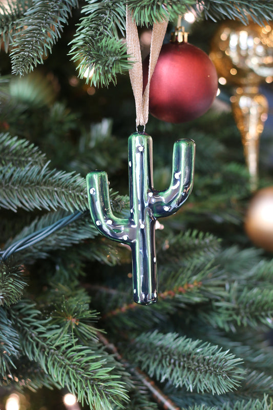 2024 Handmade Ceramic Stoneware Green Lustre Cactus Ornament - Glossy Finish with Ribbon