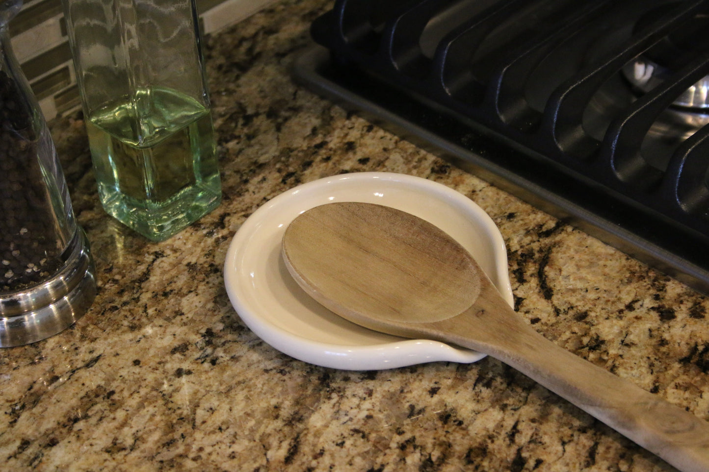 Natural White Stoneware Ceramic Spoon Rest - Wheel Thrown, Minimalist, Modern, Simple, Glossy, Handmade Kitchenware