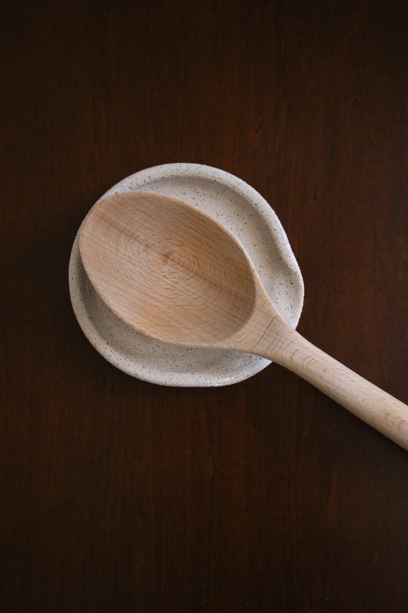 White Glossy Speckled Buff Stoneware Ceramic Spoon Rest - Wheel Thrown, Minimalist, Modern, Simple, Handmade Kitchenware