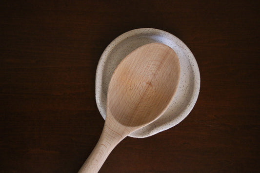 White Glossy Speckled Buff Stoneware Ceramic Spoon Rest - Wheel Thrown, Minimalist, Modern, Simple, Handmade Kitchenware