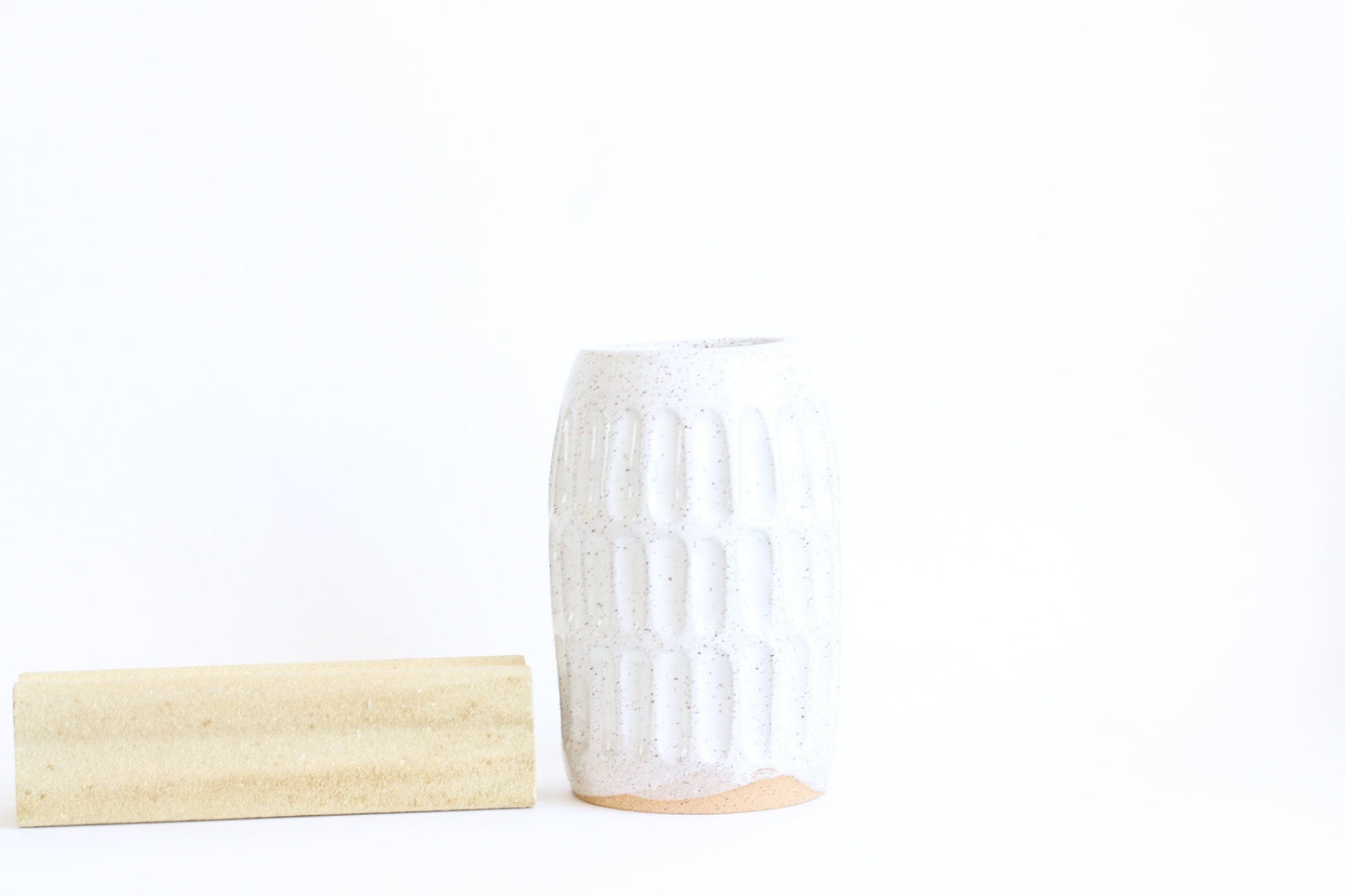 Large Glossy White + Speckled Buff Ceramic Stoneware Carved Vase - Handmade Modern Ceramic Decor