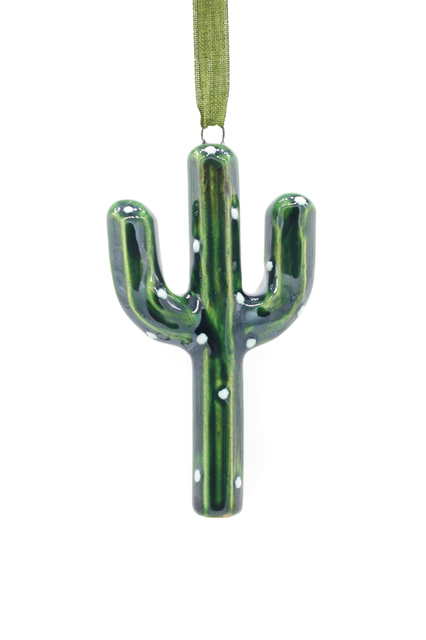 2023 Handmade Ceramic Stoneware Green Lustre Cactus Ornament - Glossy Finish with Ribbon