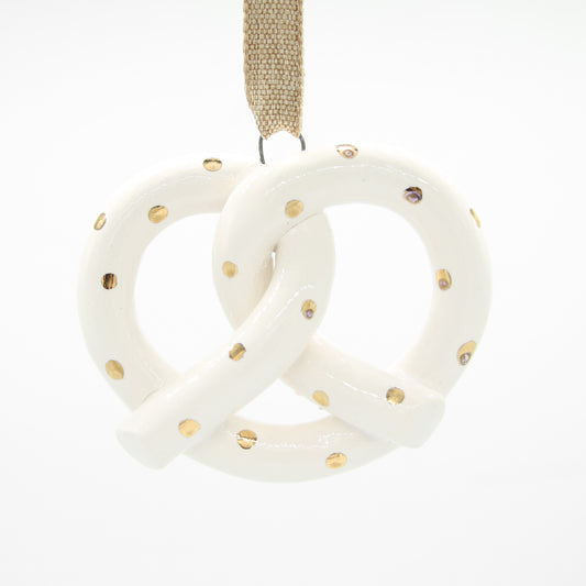 Glossy White Stoneware Pretzel Ornaments with 22 Karat Gold