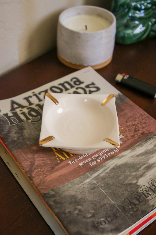 Vintage Inspired Ceramic Stoneware Ashtray with 22 Karat Gold and Glossy White