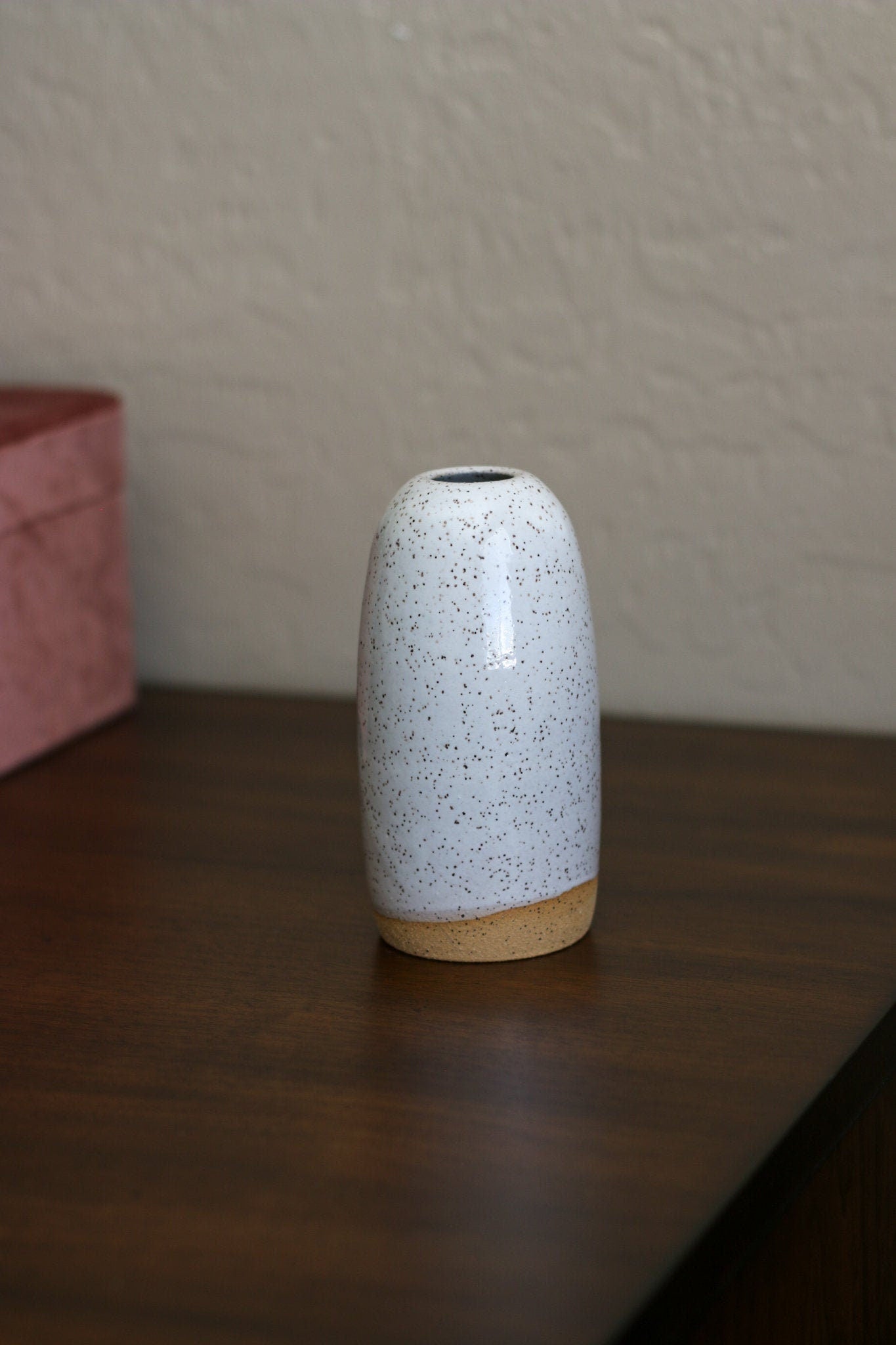 Small Glossy White + Speckled Buff Ceramic Stoneware Vase - Handmade Ceramic Decor