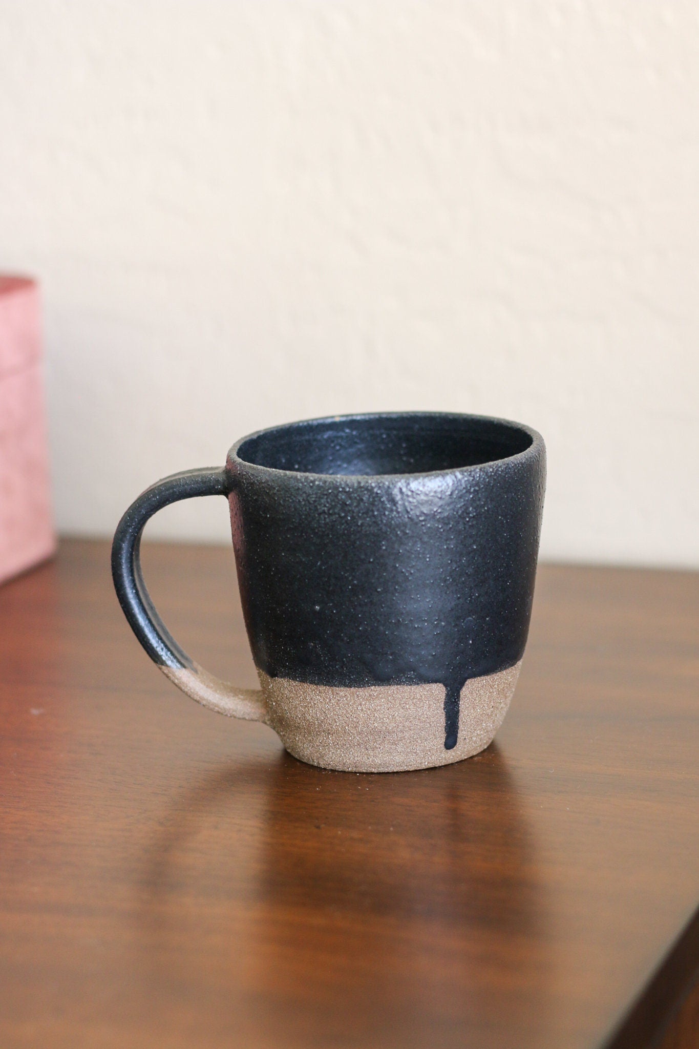 Satin Matte Black Drip + Black Mountain Handmade Ceramic Stoneware Mug - Wheel Thrown, Modern Handmade Kitchenware