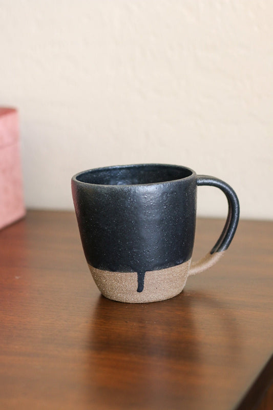 Satin Matte Black Drip + Black Mountain Handmade Ceramic Stoneware Mug - Wheel Thrown, Modern Handmade Kitchenware