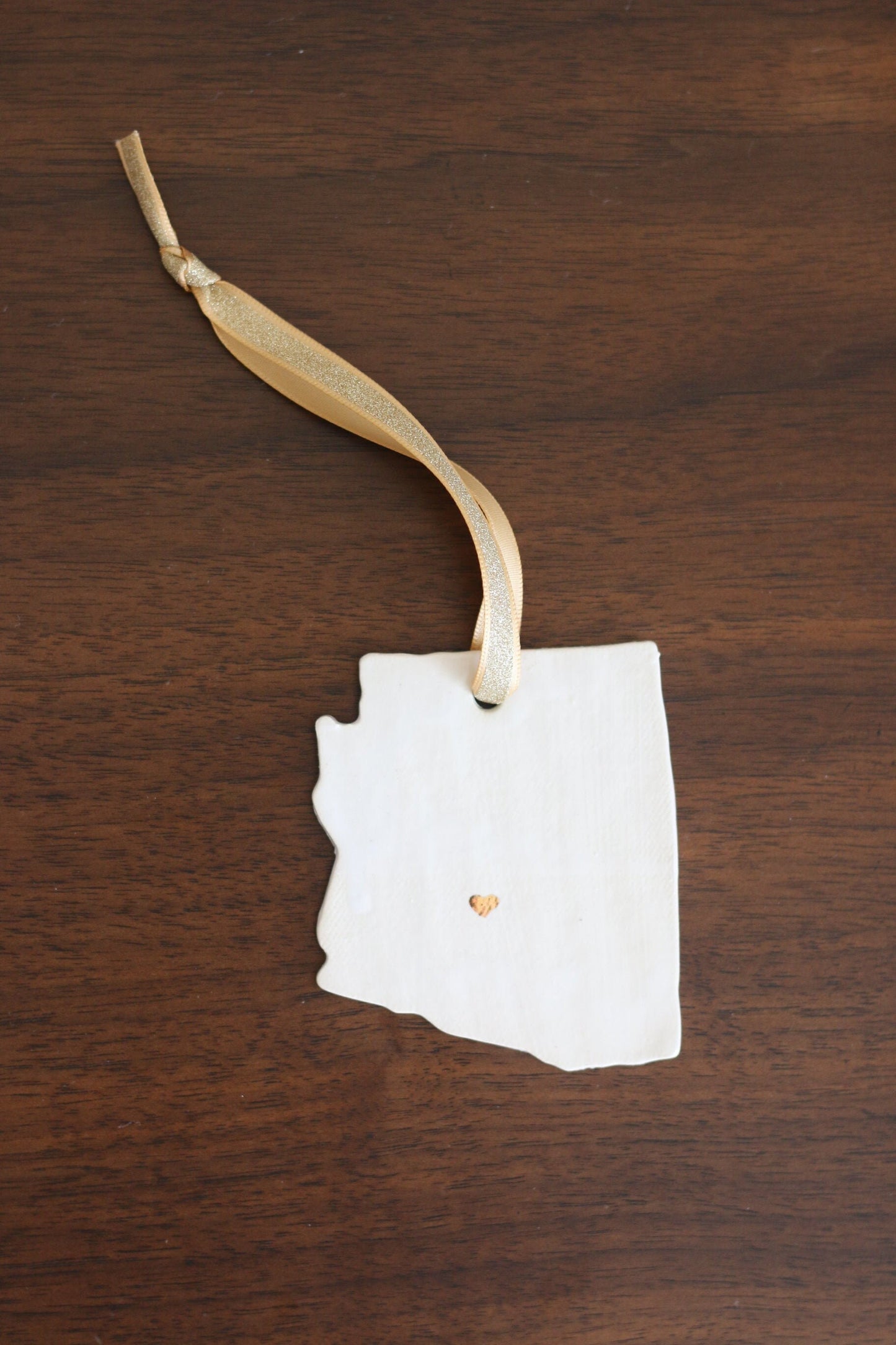Handmade Glossy White Ceramic Stoneware Arizona Ornament with 22 Karat Gold Heart