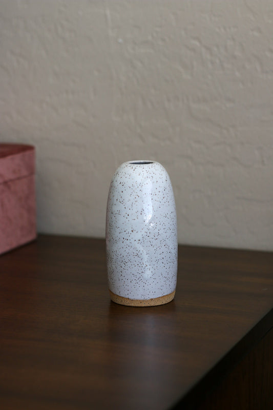 Small Glossy White + Speckled Buff Ceramic Stoneware Vase - Handmade Ceramic Decor