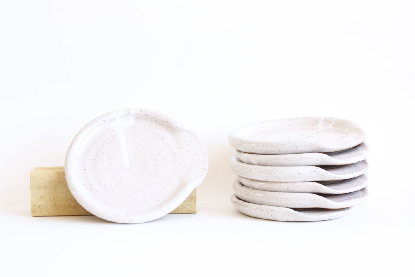 White Glossy Speckled Buff Stoneware Ceramic Spoon Rest - Wheel Thrown, Minimalist, Modern, Simple, Handmade Kitchenware