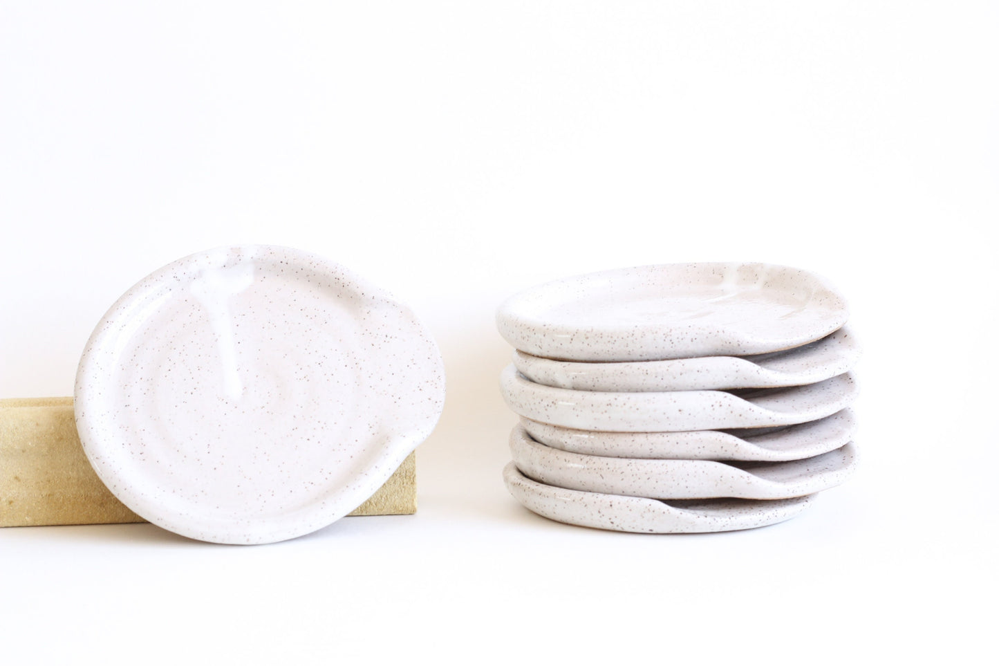 White Glossy Speckled Buff Stoneware Ceramic Spoon Rest - Wheel Thrown, Minimalist, Modern, Simple, Handmade Kitchenware