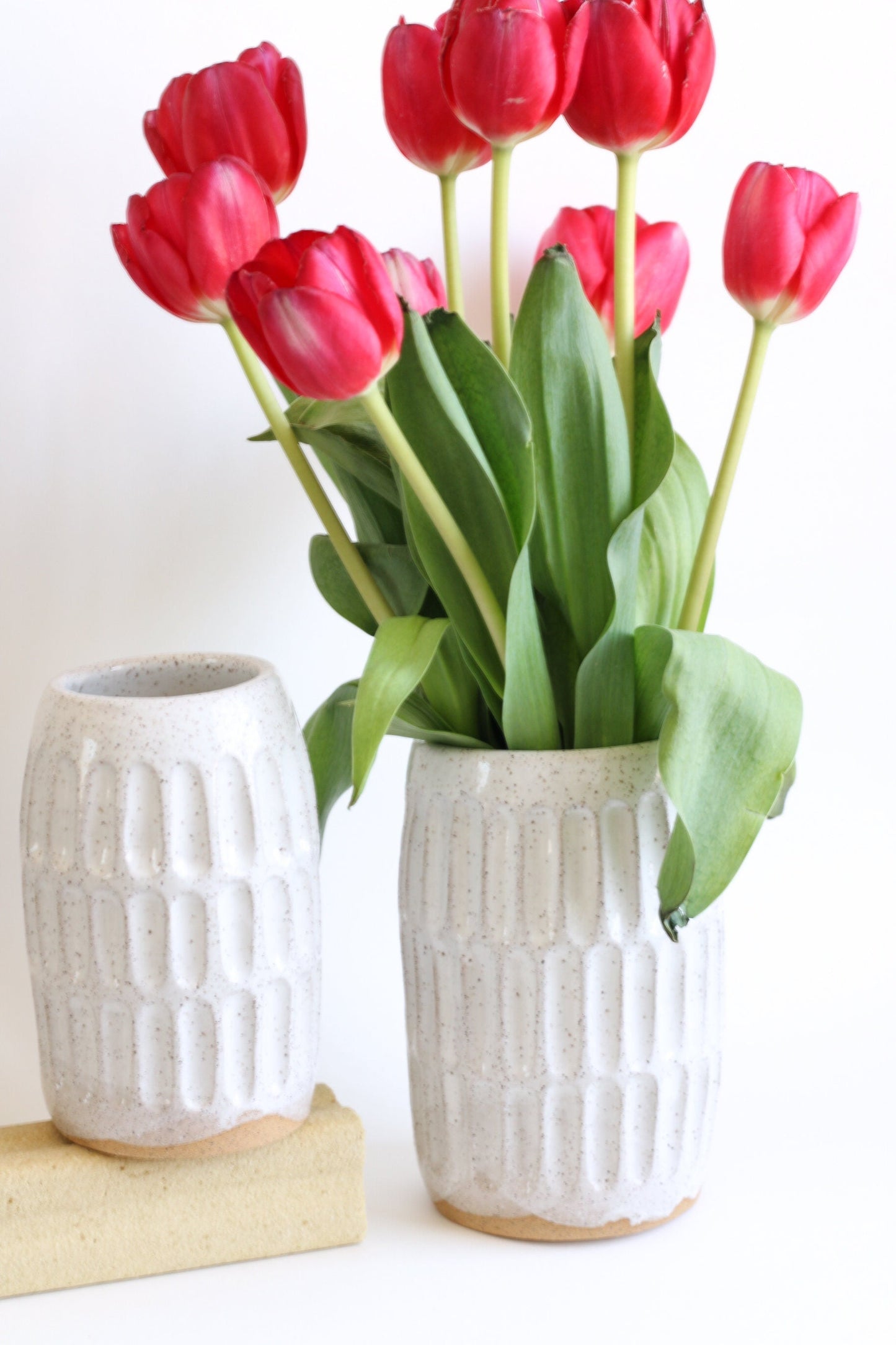 Large Glossy White + Speckled Buff Ceramic Stoneware Carved Vase - Handmade Modern Ceramic Decor