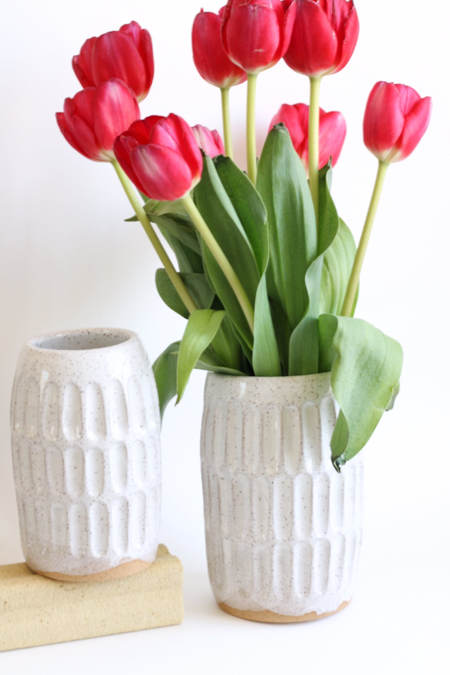 Glossy White + Speckled Buff Ceramic Stoneware Tall Carved Vase - Handmade Modern Ceramic Decor