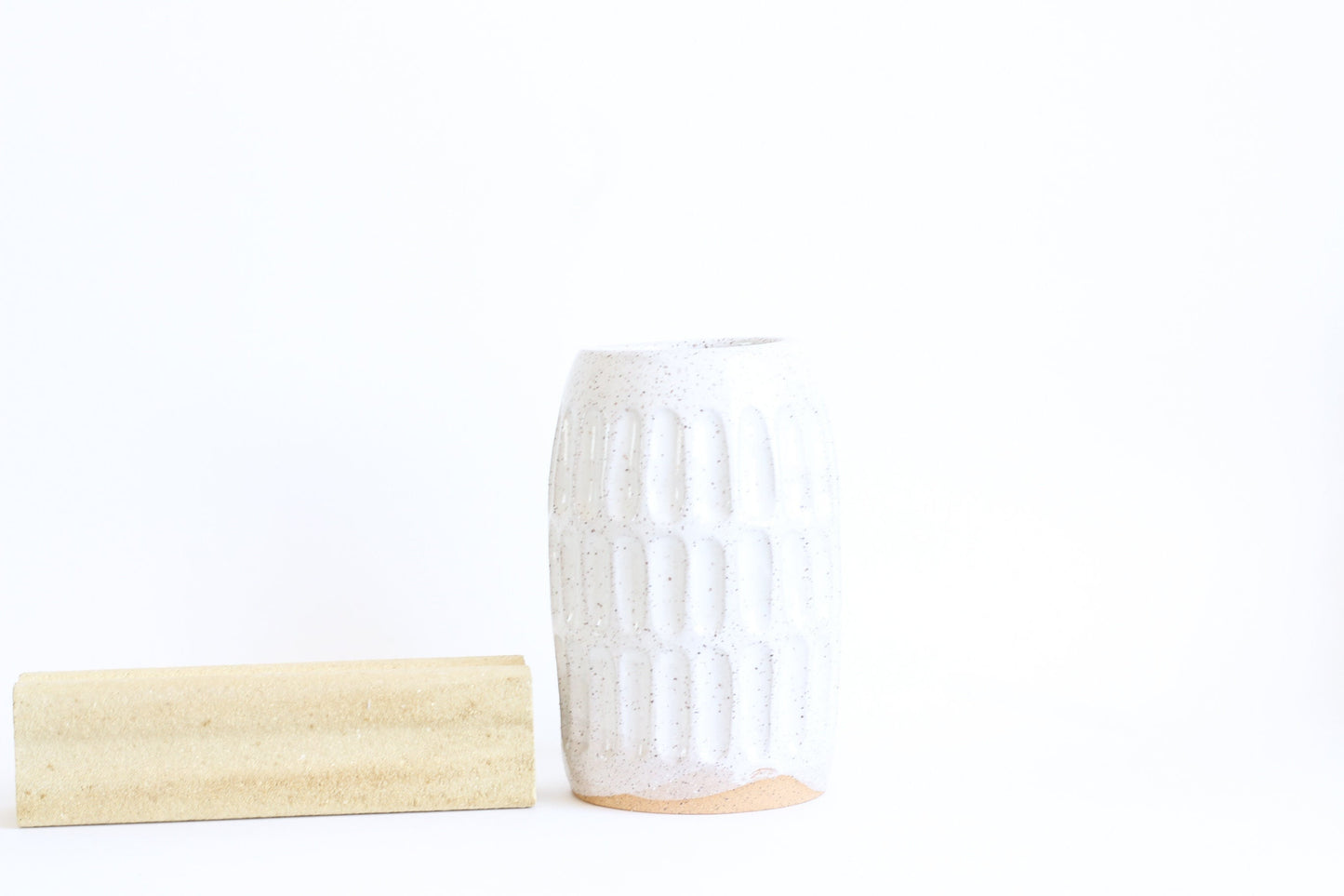 Glossy White + Speckled Buff Ceramic Stoneware Carved Vase - Handmade Modern Ceramic Decor