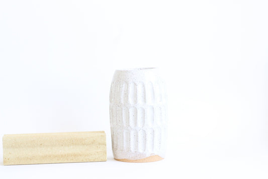 Large Glossy White + Speckled Buff Ceramic Stoneware Carved Vase - Handmade Modern Ceramic Decor