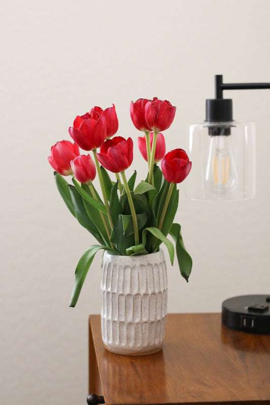 Glossy White + Speckled Buff Ceramic Stoneware Tall Carved Vase - Handmade Modern Ceramic Decor