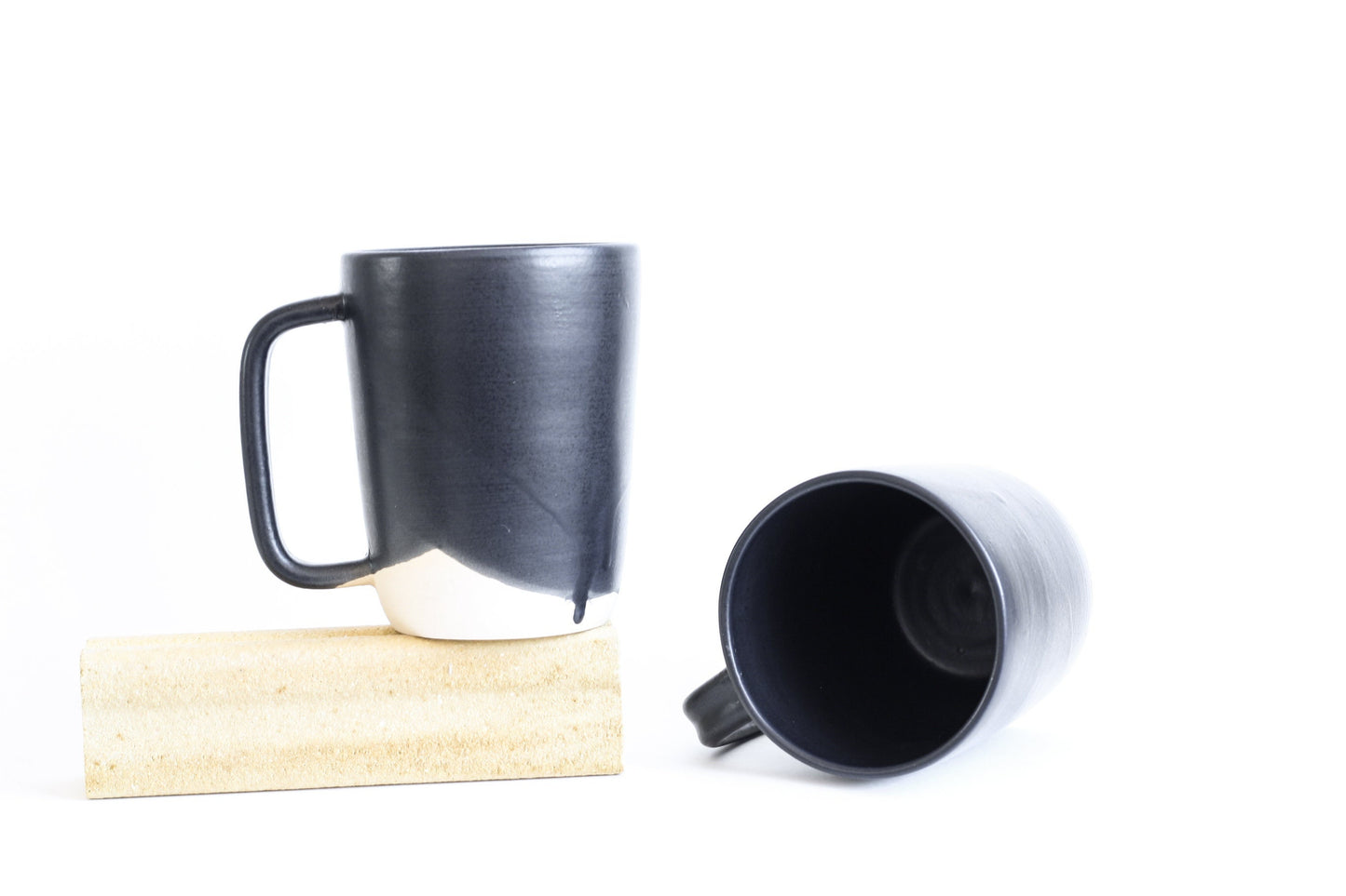 Satin Matte Black + Soft Cream Ceramic Stoneware Handmade Mug - Wheel Thrown, Modern Handmade Kitchenware